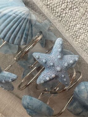 Set of 12 Light Blue Nautical Shower Curtain Hooks - Shell, Starfish, Conch